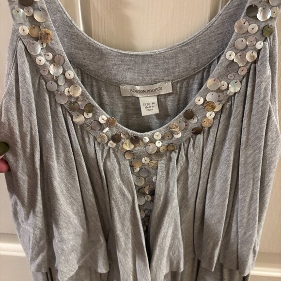 Boston Proper Women's Gray Tiered Dress with Embellished Neckline ~ Medium - Picture 2 of 5